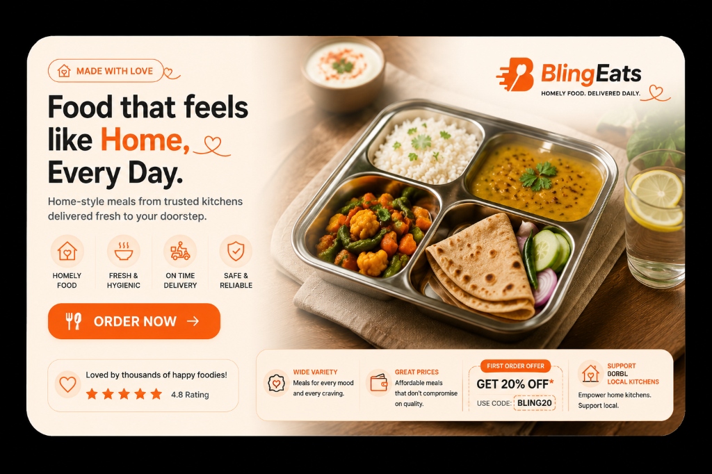 BlingEats - Food that feels like Home, Every Day. Home-style meals from trusted kitchens delivered fresh. Order Now.