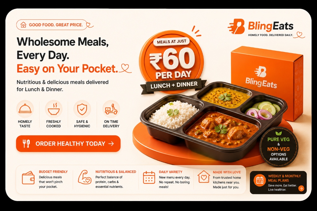 BlingEats - Wholesome Meals, Every Day. Easy on Your Pocket. Meals at just ₹60/day for Lunch and Dinner.